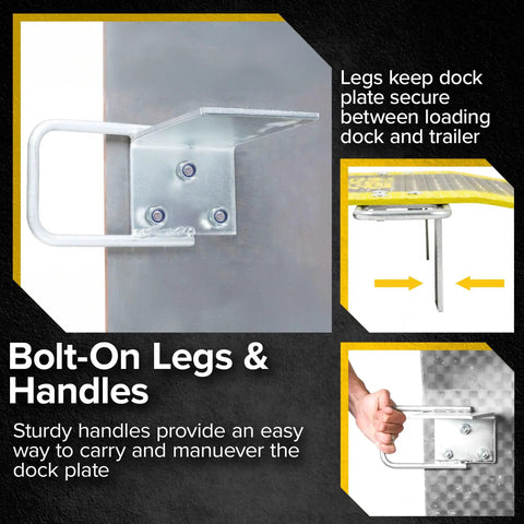 Detail of bolt-on legs and handles on Beefy Aluminum Dock Plate 48 x 60 For Pallet Jacks And Hand Carts, 2900 Lb Capacity