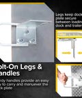 Heavy Duty Aluminum Dock Plate Bridges Trailer Gap Smoothly For Pallet Jacks Hand Carts featuring bolt-on legs and sturdy handles for easy maneuvering.