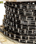 Double Pitch Conveyor Roller Chain Kit 100 Feet With 10 Connecting Links Agricultural Grade Farm Conveyor Chain 1.25 Inch Pitch 6317 Lb Tensile Strength Lightweight Yet Tough ANSI A2050 coiled on a pallet.