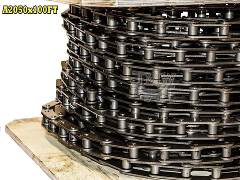 Double Pitch Conveyor Roller Chain Kit 100 Feet With 10 Connecting Links Agricultural Grade Farm Conveyor Chain 1.25 Inch Pitch 6317 Lb Tensile Strength Lightweight Yet Tough ANSI A2050 coiled on a pallet.
