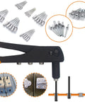 225 Piece Aluminum Blind Rivets Assortment Kit With Heavy Duty Hand Riveter Gun Tool 6 Sizes Pop Rivets set and usage illustration