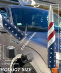 Bullet Antenna Replacement Mast With Valve Stem Caps American Flag Style in silver, size details shown on truck
