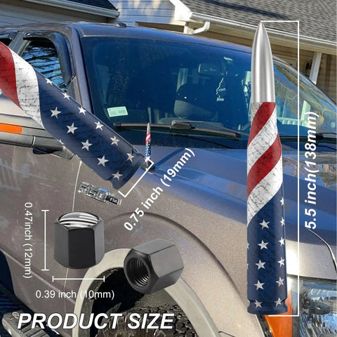 Bullet Antenna Replacement Mast With Valve Stem Caps American Flag Style in silver, size details shown on truck