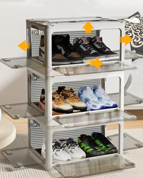 Large Capacity Shoe Storage Bin With Lids Stackable Plastic Organizer For Entryway Hallway Garage Space Saving Foldable Shoe Rack Keeps Kicks Tidy In White