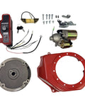 Electric Start Conversion Kit For Honda GX160 GX200 5.5HP 6.5HP Turnkey Starter Motor Upgrade For Generators And Go Karts Eliminate Manual Pulling Strain Includes Flywheel And DIY Instructions, shown with wiring and components on white background.