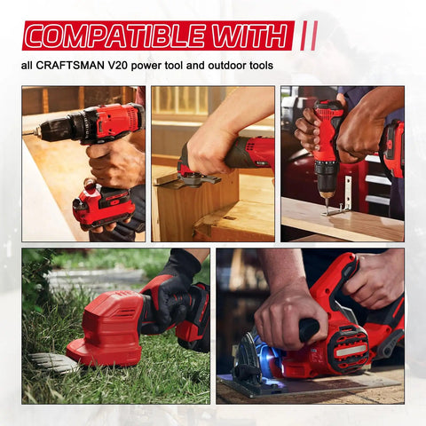 Collage of Craftsman V20 power tools in use with V20 Battery Charger Replacement for Craftsman 20V Max Li Ion Batteries CMCB201 CMCB202