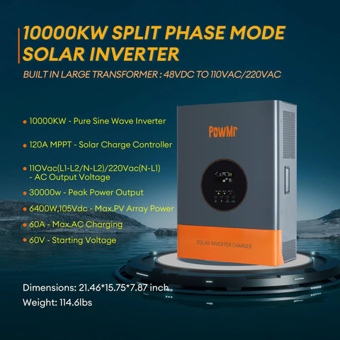 Hybrid Solar Inverter For Home And Off-Grid Backup Power, 10kW Split Phase 48VDC To 110/220VAC on display stand