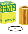 HU 925/4 Cartridge Oil Filter Replacement with oil drain plug gasket shown with packaging for BMW 3 Series 1997 to 2006 models.