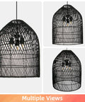 Arturesthome 3-Light Rattan Woven Bell Pendant Light for Dining Room Black shown from multiple angles with intricate woven pattern.