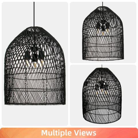 Arturesthome 3-Light Rattan Woven Bell Pendant Light for Dining Room Black shown from multiple angles with intricate woven pattern.