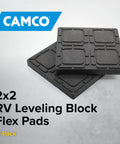 Universal RV Flex Leveling Pads Support For Jacks And Stabilizers Anti Sink Design Keeps Your Camper Solid On Soft Dirt Or Grass Setup Makes Leveling A Sweet Breeze With Eight Point Five Inch Square Base two black 2x2 flex pads stacked on a light background.