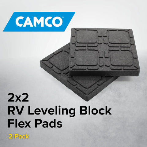 Universal RV Flex Leveling Pads Support For Jacks And Stabilizers Anti Sink Design Keeps Your Camper Solid On Soft Dirt Or Grass Setup Makes Leveling A Sweet Breeze With Eight Point Five Inch Square Base two black 2x2 flex pads stacked on a light background.