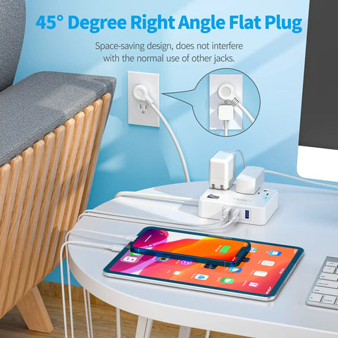 Flat Plug Power Strip With 3 Outlets And 3 USB Ports, 4 Ft Desk Charging Station for dorm room charging phones and tablets.