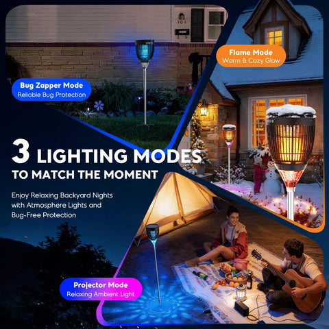3 In 1 Bug Zapper For Outdoors Solar Powered With Realistic Flame Light And RGB Projector Zaps Mosquitoes Like A Boss USB Rechargeable IP65 Waterproof Yard And Garden Up To 2000 Sq Ft shown in garden setup with lighting modes.