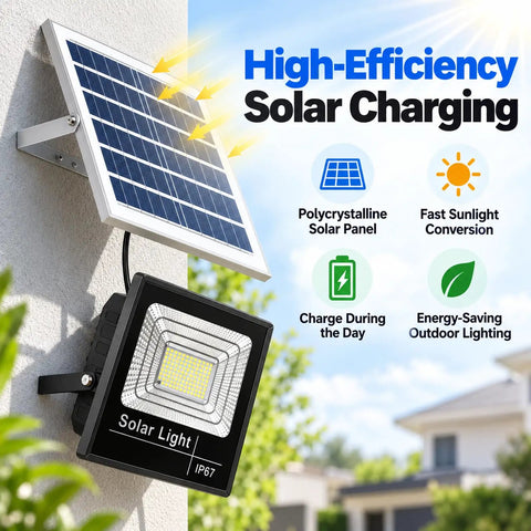 KUSOLE Outdoor Solar floodlight, Waterproof Rating IP67 300W with solar panel and charging details mounted on a wall.