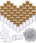Totally Sweet Mini Glass Bottles With Cork Stoppers And Eye Screws Hella Practical Funnel Kit For Diy Crafts Perfume Sampling Raffle Prizes And Creative Hobby Builds 50 Piece 0.5Ml Pack arranged with funnels and metal loops.