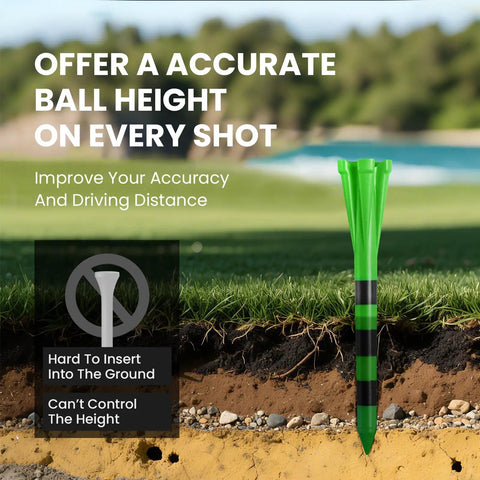 Durable Unbreakable Plastic Golf Tees Set That Stays Tough In Three Sizes displayed with grass background for accurate shots.