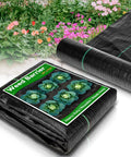 Heavy Duty Weed Barrier Fabric For Gardens And Lawns, 3.2 x 16.4 ft premium landscape fabric displayed with colorful garden