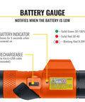 Close-up view of battery indicator on a Magnetic LED Flashlight Rechargeable With 350 Lumen High Beam And 125 Lumen Low Twist Focus Red Laser Pointer Hands Free Magnet USB Charging Cable For Work And Outdoor Adventures.