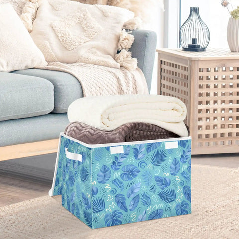 Sturdy Collapsible Storage Bin With Flip Top Lid And Easy Grip Handles For Bedroom Organization 300d Oxford Fabric Foldable Closet Box With Secure Velcro Closure, holding rolled blankets.
