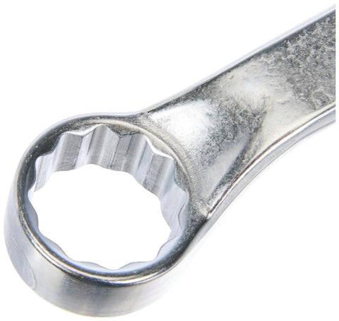 Close-up of a chrome plated wrench from the Eight Piece Double Ended Ring Wrench Set 6mm By 7mm To 20mm By 22mm with 10 Degree Shallow Offset.