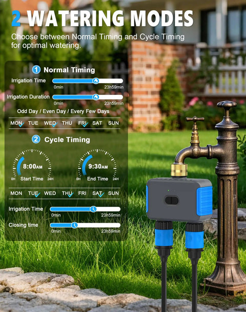 2 Zone WiFi Sprinkler Timer With App Control attached to outdoor faucet showing 2 watering modes, garden background