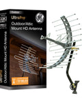 Long Range Outdoor HDTV Antenna For 4K And 1080P TV Attic Or Outdoor Mount With J Bracket Weather Resistant VHF UHF Reception Smart TV Friendly Antenna For Local Channels And Better Signal next to product box
