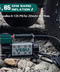 12V Tire Inflator With In Line Pressure Gauge, 125 PSI Fast Inflation For Off Road Rigs next to an SUV tire on rocky ground