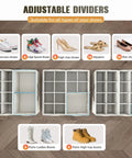 Adjustable dividers in clear shoe organizer with foldable storage, fits up to sixteen pairs, beige shoe storage bins