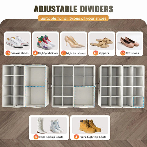 Adjustable dividers in clear shoe organizer with foldable storage, fits up to sixteen pairs, beige shoe storage bins