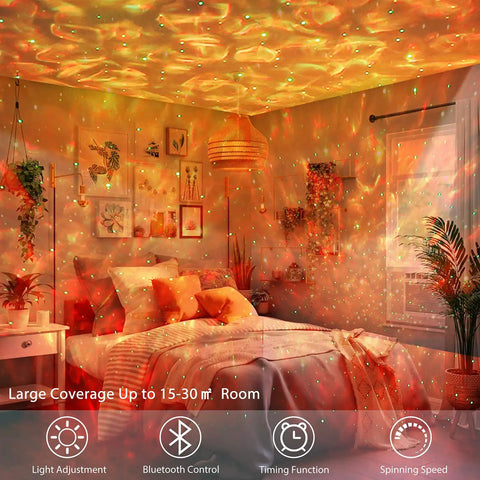 Bedroom illuminated by Galaxy Projector Night Light For Bedroom And Parties With Bluetooth Speaker, No App Needed, Dope Visuals.
