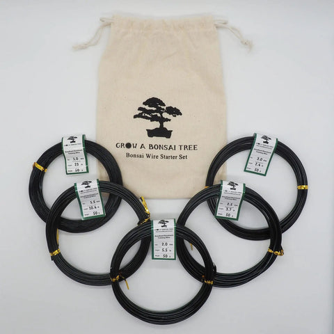 Beginner Friendly Anodized Aluminum Bonsai Wire Set With Canvas Bag Five Size Options 1.0Mm 1.5Mm 2.0Mm 2.5Mm 3.0Mm About 147 Feet Total Easy Bend Aluminum Bonsai Training Wire Choose Your Color Black displayed in a circular arrangement with labeled size tags and canvas carry bag in the background.