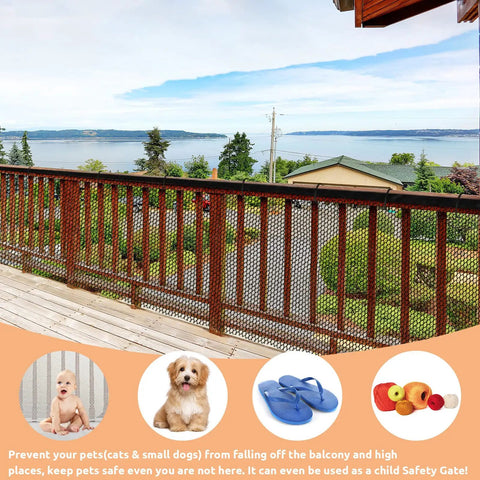 Pet Balcony Net For Cats And Dogs 16.5 Ft By 2.5 Ft Anti Fall Mesh Screen Black Keeps Your Fur Babies Safe On Patios And Stairs Easy Install With Buckles Or Rope visible on a balcony overlooking a scenic view.