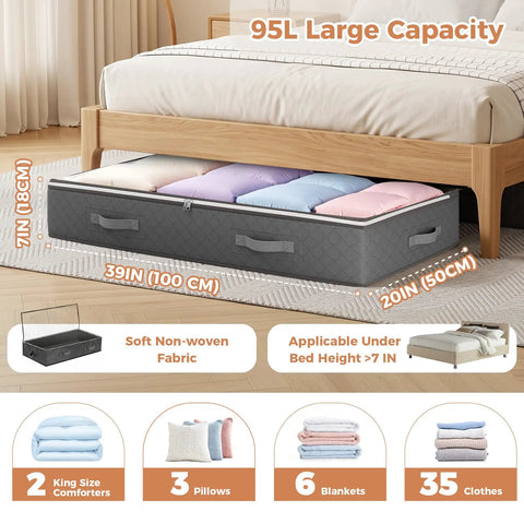 Heavy Duty Foldable Under Bed Storage Bins, 95 Liter Capacity Set Of Four, Breathable Non Woven Fabric Closet Organizers To Keep Your Space Tight And Clutter Free, Grey