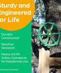 Green Pirate Ship Wheel Outdoor Playset Accessory mounted on treehouse rail