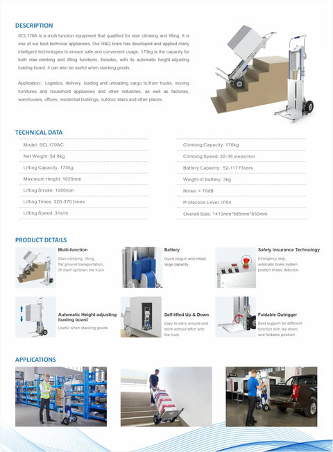 Heavy Duty Electric Stair Climbing Hand Truck With Power Lift Platform, 170kg capacity, automatic height-adjusting loading board.