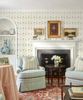 Fresh Green Floral Wallpaper Peel And Stick Self Adhesive Tulip Contact Paper used in a cozy living room with vintage decor.