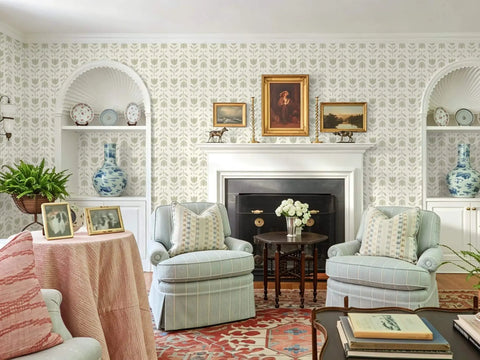 Fresh Green Floral Wallpaper Peel And Stick Self Adhesive Tulip Contact Paper used in a cozy living room with vintage decor.