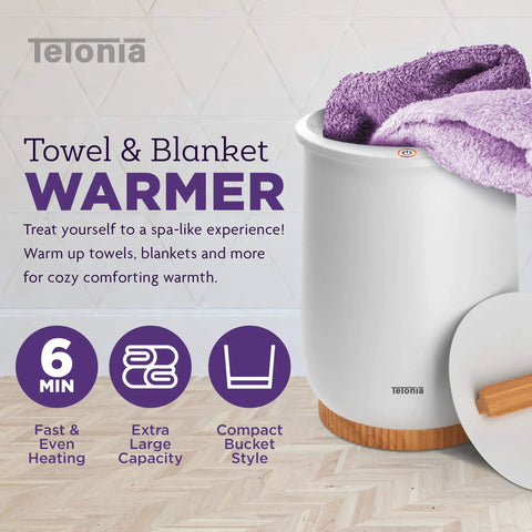 Ultra Large Portable Towel Warmer Bucket Hot Towel Warmer For Bathroom With Deep Bucket Design holding purple towels.