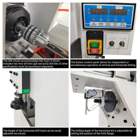 Detailed view of 3-In-1 Vertical And Horizontal Drilling Machine For Cabinet Hinges And Connector Holes with control panel and drill bits