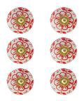 Handmade Ceramic Knob Set of 4 for Dresser and Kitchen Cabinets Red Floral Farmhouse Style Boho Drawer Handles close-up view.