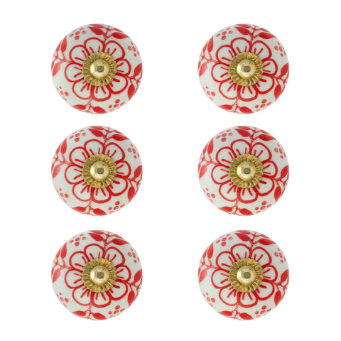 Handmade Ceramic Knob Set of 4 for Dresser and Kitchen Cabinets Red Floral Farmhouse Style Boho Drawer Handles close-up view.