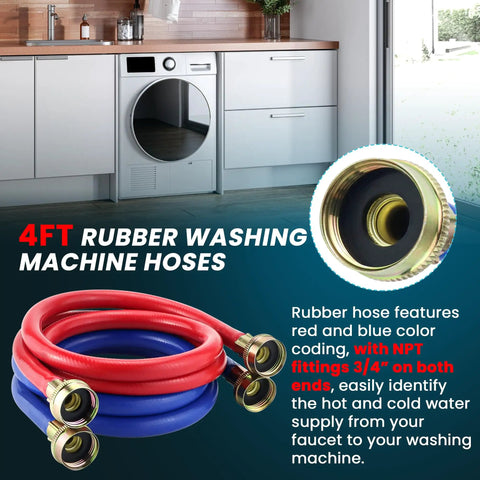4 Ft Burst-Proof Rubber Washing Machine Hoses For Hot And Cold Water Supply, red and blue hoses with NPT fittings, 2 pack