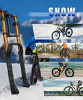 Beefed Up 26 Inch Fat Tire Electric Bike Front Fork With Air Suspension, 180mm Travel shown on snowy terrain and various paths