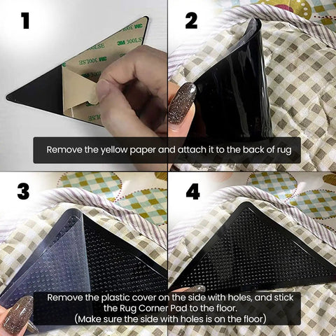 Instructions for applying Heavy Duty Non Slip Rug Corner Pads With Reusable Dual Sided Adhesive Grip For Hardwood Floors And Area Rugs 4 Pack