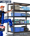 Adjustable Garage Storage Shelves Heavy Duty Metal Shelving Unit for Basement Warehouse Workshop Pantry and Closet 2400 Lbs Total Load Capacity 16 Inches Deep by 35.5 Inches Wide by 72 Inches High shown in use with storage bins and tools