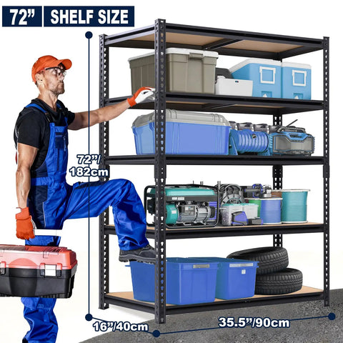 Adjustable Garage Storage Shelves Heavy Duty Metal Shelving Unit for Basement Warehouse Workshop Pantry and Closet 2400 Lbs Total Load Capacity 16 Inches Deep by 35.5 Inches Wide by 72 Inches High shown in use with storage bins and tools