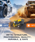 Slick Cordless Tire Inflator Compatible With DeWalt 20V Battery, showcasing its metal structure, with snowy and sandy terrains.