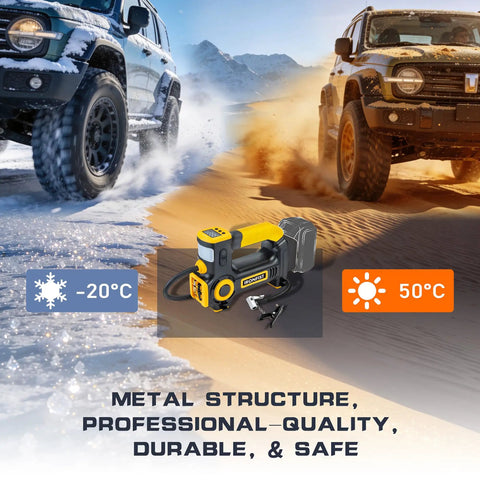 Slick Cordless Tire Inflator Compatible With DeWalt 20V Battery, showcasing its metal structure, with snowy and sandy terrains.