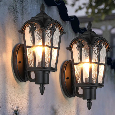 Heavy Hitter 16 Inch Large Outdoor Wall Light Fixtures Built Tough Exterior Metal Lantern Sconces Durable Weatherproof Porch Lamp For Garden Patio Backyard with clear glass panels on black wall.